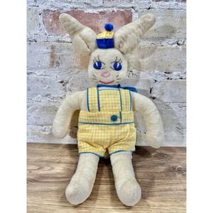 Vintage 1930s Folk Art Hand Made Plush Bunny Rabbit Doll Embroidered Face Easter
